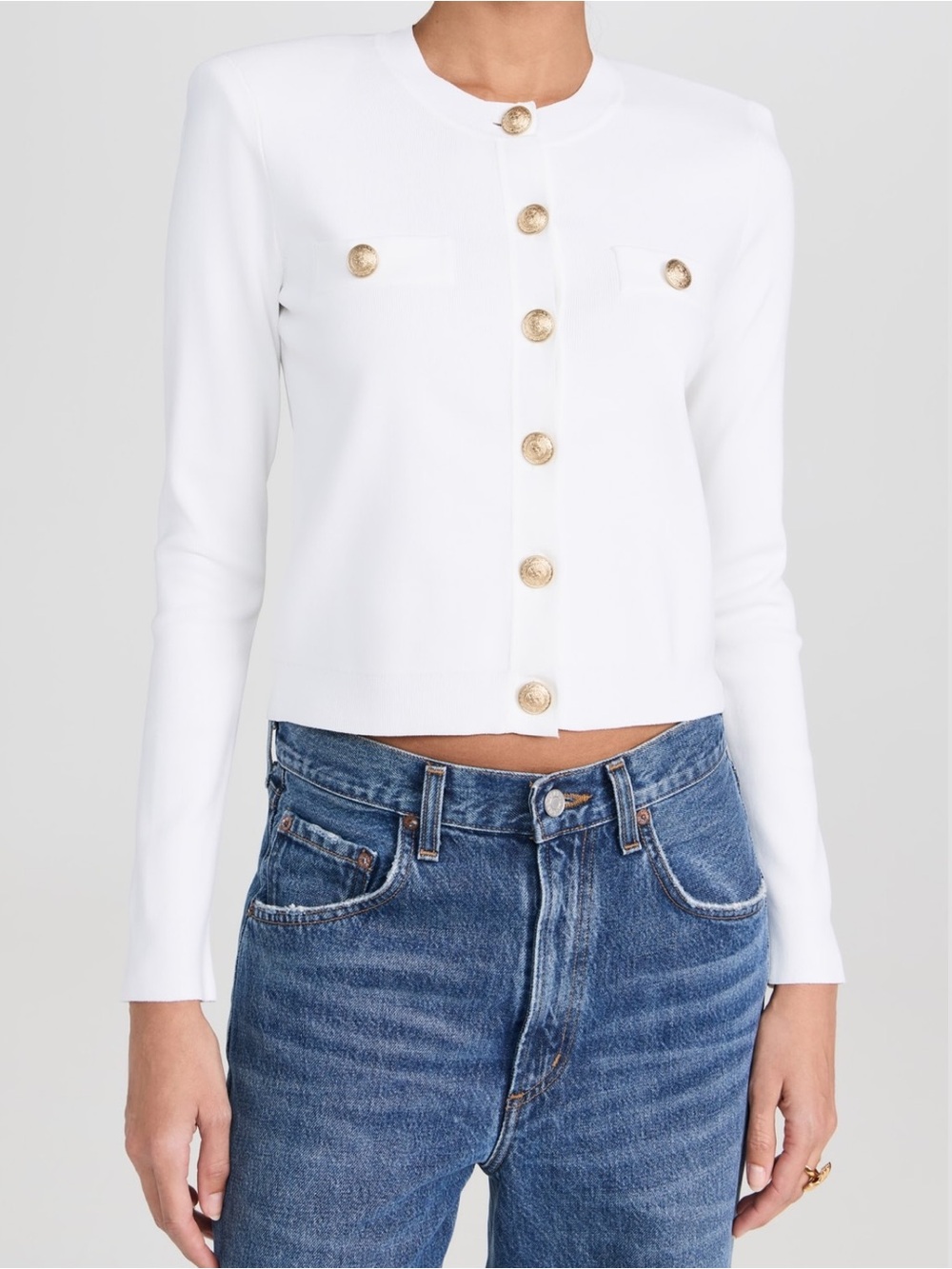 L'AGENCE White Gold-Button Cropped Cardigan